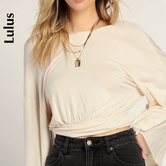 Lulus Reversible Wrap Long Sleeve Top Size M Cream/Beige - Picture 2 of 9